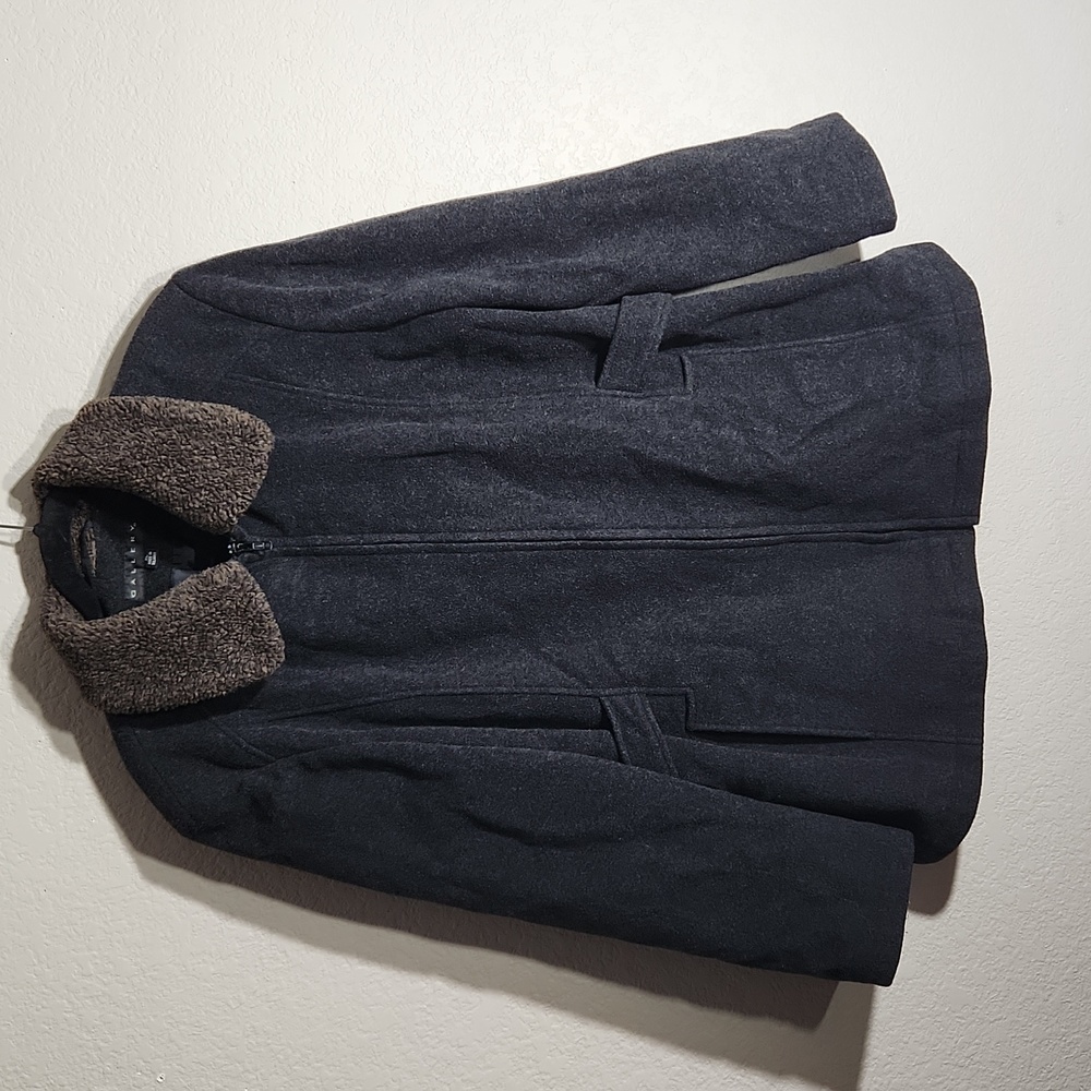 Gallery Peacoat Size XL Wool Blend Dark Gray Charcoal Faux Fur Collar